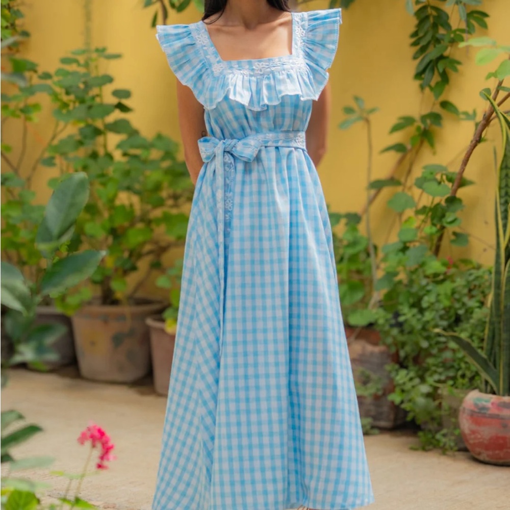 Blue Gingham Ruffle Maxi Dress